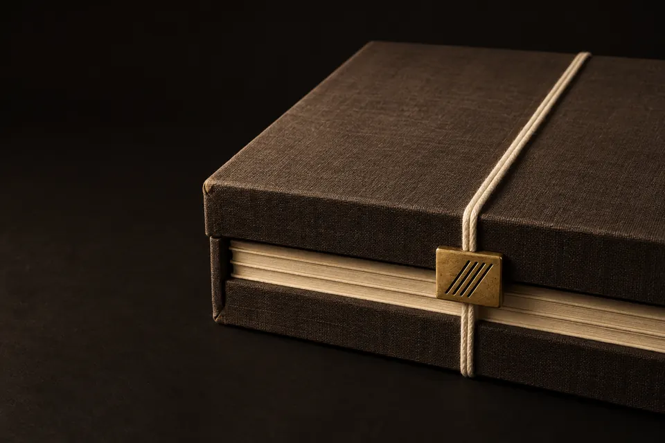 Carpeta de archivo cerrada con cordón, con documentos alineados en su interior.